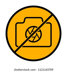 Photo camera with shutter, linear symbol with thin outline, simple icon. not allowed, black object in warning sign with orange background color