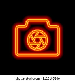 Photo camera with shutter, linear symbol with thin outline, simple icon. Orange neon style on black background. Light icon