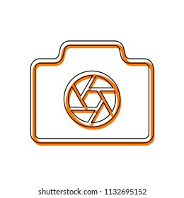 Photo camera with shutter, linear symbol with thin outline, simple icon. Isolated icon consisting of black thin contour and orange moved filling on different layers. White background