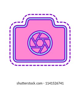 Photo camera with shutter, linear symbol with thin outline, simple icon. Colored sketch with dotted border on white background