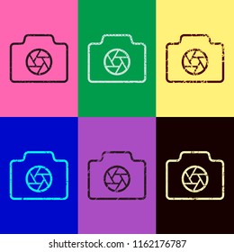 Photo camera with shutter, linear symbol with thin outline, simple icon. Pop art style. Scratched icons on 6 colour backgrounds. 