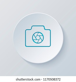 Photo camera with shutter, linear symbol with thin outline, simple icon. Cut circle with gray and blue layers. Paper style