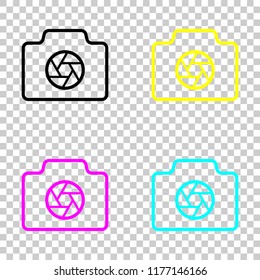Photo camera with shutter, linear symbol with thin outline, simple icon. Colored set of cmyk icons on transparent background