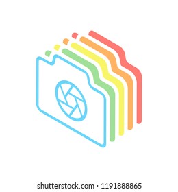Photo camera with shutter, linear symbol with thin outline, simple icon. Stack of colorful isometric icons on white background