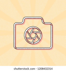 Photo camera with shutter, linear symbol with thin outline, simple icon. Vintage retro typography with offset printing effect. Dots poster with comics pop art background