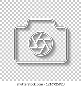 Photo camera with shutter, linear symbol with thin outline, simple icon. White outline sign with shadow on transparent background