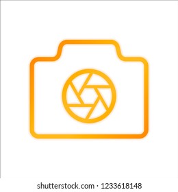 Photo camera with shutter, linear symbol with thin outline, simple icon. Orange sign with low light on white background