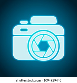 Photo camera with shutter, simple icon. Neon style. Light decoration icon. Bright electric symbol