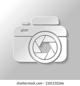 Photo camera with shutter, simple icon. Paper style with shadow on gray background