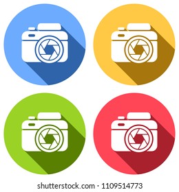 Photo camera with shutter, simple icon. Set of white icons with long shadow on blue, orange, green and red colored circles. Sticker style