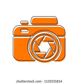 Photo camera with shutter, simple icon. Isolated icon consisting of black thin contour and orange moved filling on different layers. White background