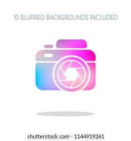 Photo camera with shutter, simple icon. Colorful logo concept with simple shadow on white. 10 different blurred backgrounds included