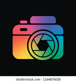 Photo camera with shutter, simple icon. Rainbow color and dark background