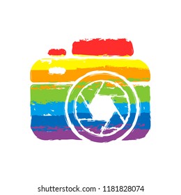 Photo camera with shutter, simple icon. Drawing sign with LGBT style, seven colors of rainbow (red, orange, yellow, green, blue, indigo, violet