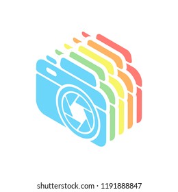 Photo camera with shutter, simple icon. Stack of colorful isometric icons on white background