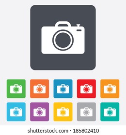 Photo camera sign icon. Digital photo camera symbol. Rounded squares 11 buttons. Vector