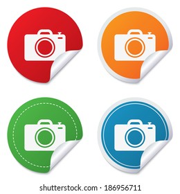 Photo camera sign icon. Digital photo camera symbol. Round stickers. Circle labels with shadows. Curved corner. Vector