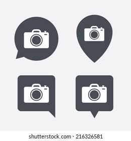Photo camera sign icon. Digital photo camera symbol. Map pointers information buttons. Speech bubbles with icons. Vector