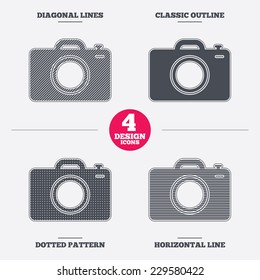 Photo camera sign icon. Digital photo camera symbol. Diagonal and horizontal lines, classic outline, dotted texture. Pattern design icons.  Vector