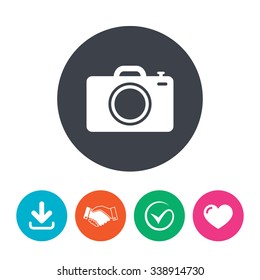 Photo camera sign icon. Digital photo camera symbol. Download arrow, handshake, tick and heart. Flat circle buttons.