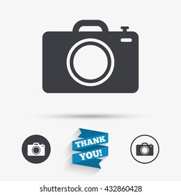 Photo camera sign icon. Digital photo camera symbol. Flat icons. Buttons with icons. Thank you ribbon. Vector