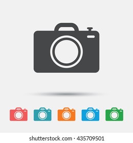 Photo camera sign icon. Digital photo camera symbol. Graphic element on white background. Colour clean flat photo camera icons. Vector