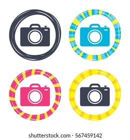 Photo camera sign icon. Digital photo camera symbol. Colored buttons with icons. Poker chip concept. Vector
