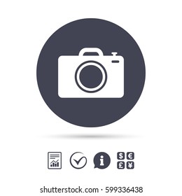 Photo camera sign icon. Digital photo camera symbol. Report document, information and check tick icons. Currency exchange. Vector