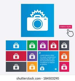 Photo camera sign icon. Photo flash symbol. Metro style buttons. Modern interface website buttons with hand cursor pointer. Vector