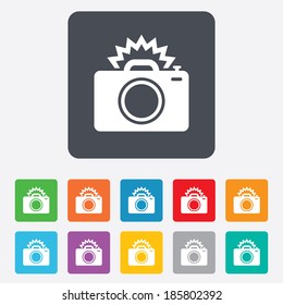 Photo camera sign icon. Photo flash symbol. Rounded squares 11 buttons. Vector