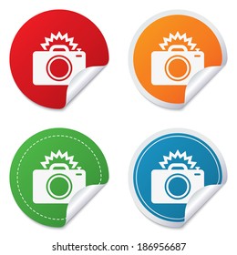 Photo camera sign icon. Photo flash symbol. Round stickers. Circle labels with shadows. Curved corner. Vector