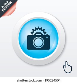 Photo camera sign icon. Photo flash symbol. Blue shiny button. Modern UI website button with hand cursor pointer. Vector