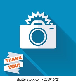 Photo camera sign icon. Photo flash symbol. White flat icon with long shadow. Paper ribbon label with Thank you text. Vector