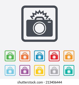 Photo camera sign icon. Photo flash symbol. Round squares buttons with frame. Vector