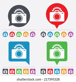 Photo camera sign icon. Photo flash symbol. Speech bubbles information icons. 24 colored buttons. Vector
