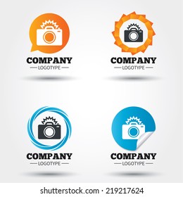 Photo camera sign icon. Photo flash symbol. Business abstract circle logos. Icon in speech bubble, wreath. Vector