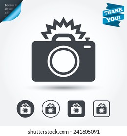 Photo camera sign icon. Photo flash symbol. Circle and square buttons. Flat design set. Thank you ribbon. Vector