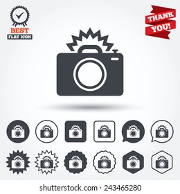 Photo camera sign icon. Photo flash symbol. Circle, star, speech bubble and square buttons. Award medal with check mark. Thank you ribbon. Vector