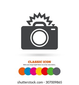 Photo camera sign icon. Photo flash symbol. Classic flat icon. Colored circles. Vector