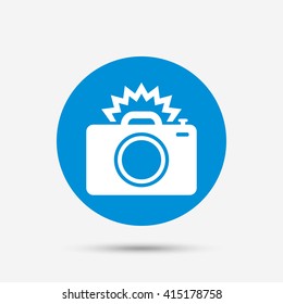 Photo camera sign icon. Photo flash symbol. Blue circle button with icon. Vector