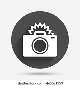 Photo camera sign icon. Photo flash symbol. Circle flat button with shadow. Vector