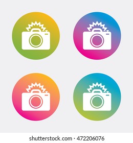 Photo camera sign icon. Photo flash symbol. Gradient flat buttons with icon. Modern design. Vector