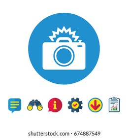 Photo camera sign icon. Photo flash symbol. Information, Report and Speech bubble signs. Binoculars, Service and Download icons. Vector