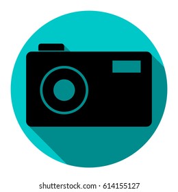 Photo camera sign. Vector. Flat black icon with flat shadow on royal yellow circle with white background. Isolated.