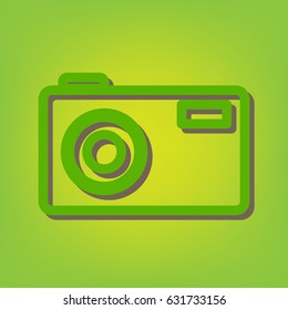 Photo camera sign. Vector. Green line icon with brown shadow at green-yellow background.