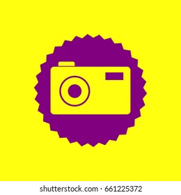 Photo camera sign. Vector. Violet label with hole as icon on yellow background.