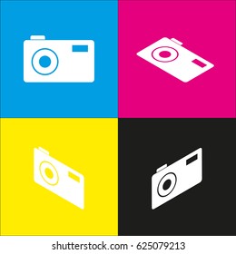 Photo camera sign. Vector. White icon with isometric projections on cyan, magenta, yellow and black backgrounds.