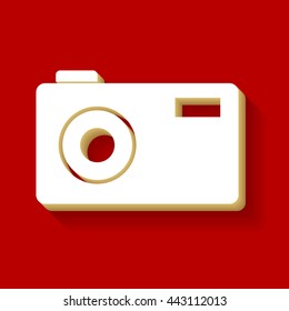 Photo camera sign. White button icon with wood color and shadow on dark red background.