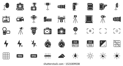 Photo camera silhouette icon. Photography cameras shutter speed, aperture and digital camera exposure black stencil. Video camera lens, film or dslr tripod pictogram. Isolated icons vector set