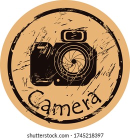 Photo camera silhouette icon vector round shabby emblem design, old retro style. Old camera logo mail stamp on craft paper. Film camera shape vintage grunge sign. Icon for web design. Flat design.